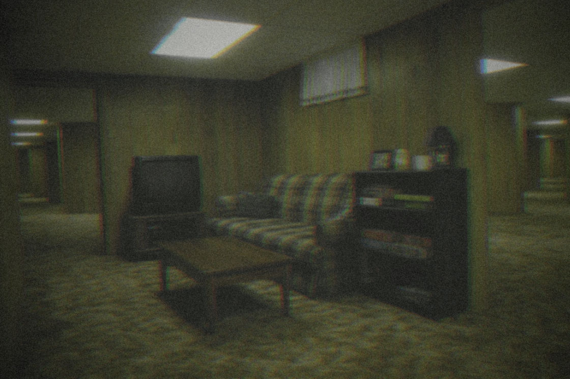 After: the same basement rebuilt as a too-quiet backrooms space lit by buzzing fluorescents on worn VHS tape.