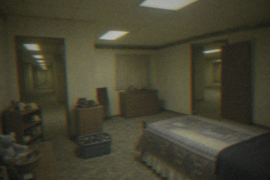 After: the same childhood bedroom rebuilt as the backrooms — emptied, fluorescent-lit and graded onto worn VHS tape.