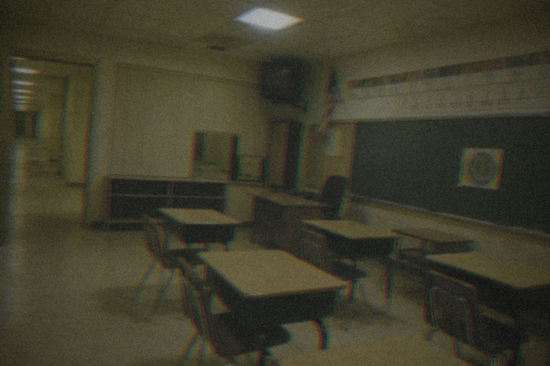 After: the same classroom turned into an endless backrooms-style liminal corridor with a VHS found-footage look.