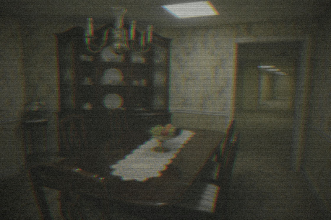 After: the same dining room rebuilt as an uneasy, empty backrooms version graded onto worn tape.