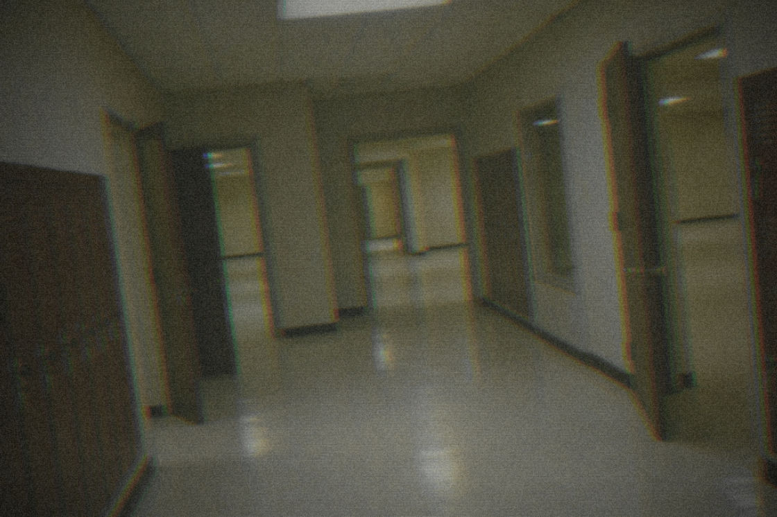 After: the same apartment hallway rebuilt as an endless backrooms corridor under flat fluorescent light.