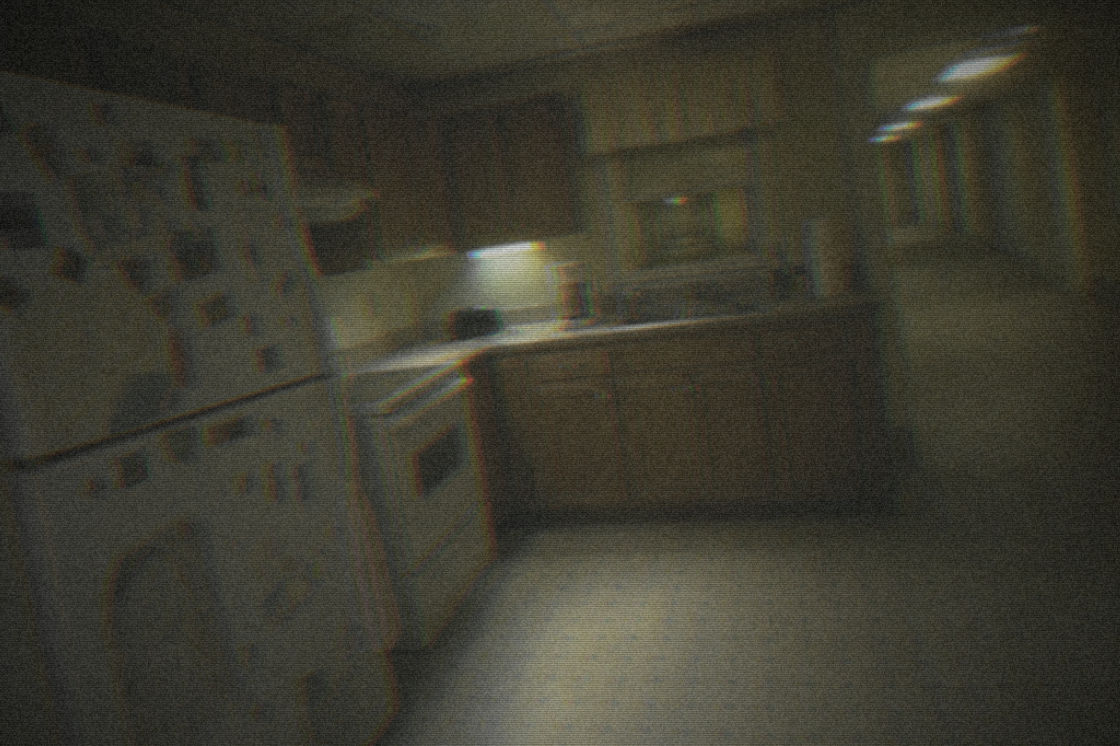 After: the same kitchen reimagined as an eerie empty backrooms space, desaturated and grained like old tape.