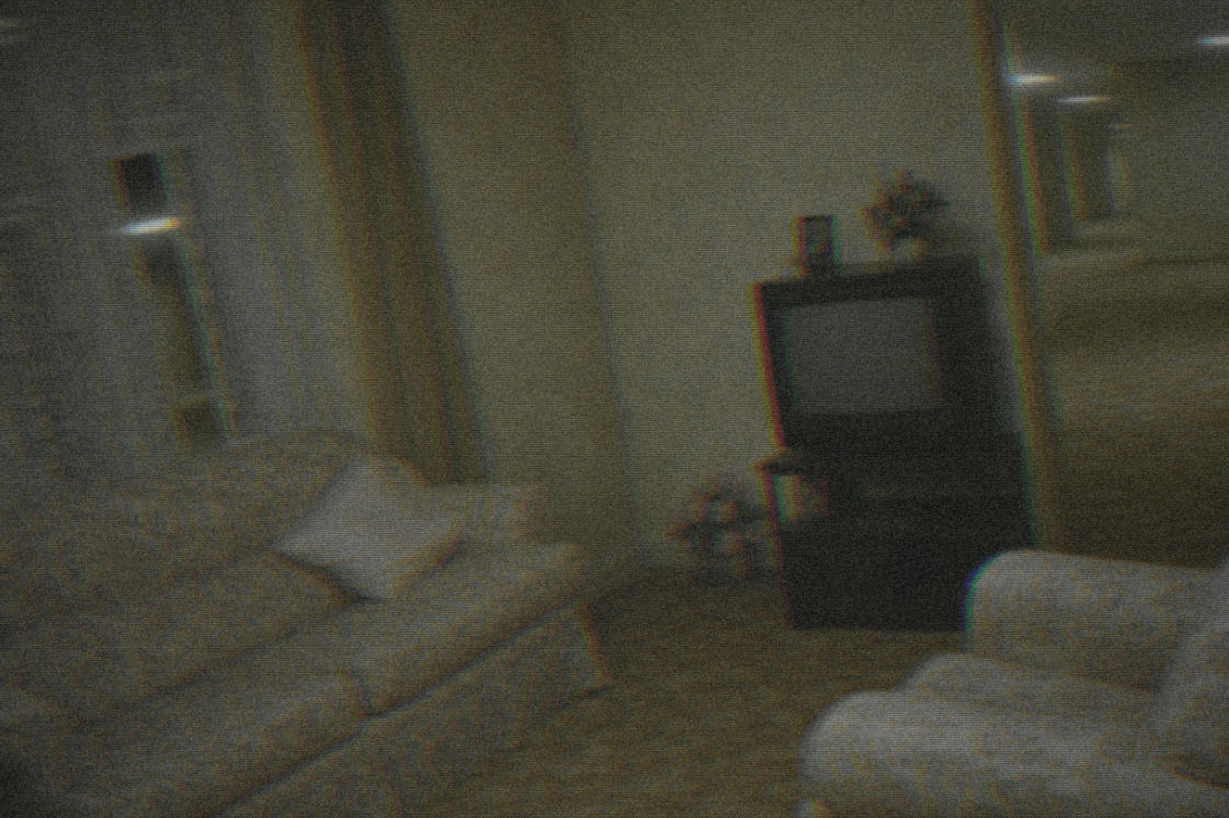 After: the same living room rebuilt as an empty, fluorescent-wrong backrooms space on worn VHS tape.