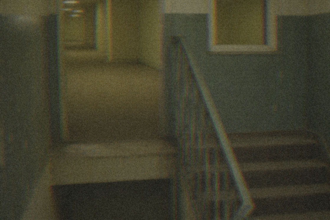 After: the same stairwell rebuilt as a disorienting backrooms space, endless and evenly lit.